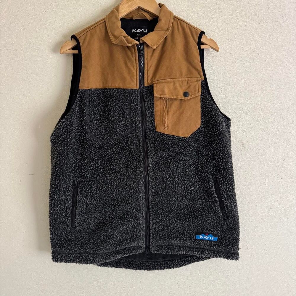 Kavu Sherpa Fleece Vest S Charcoal Tan Canvas Utility Gorpcore Outdoor